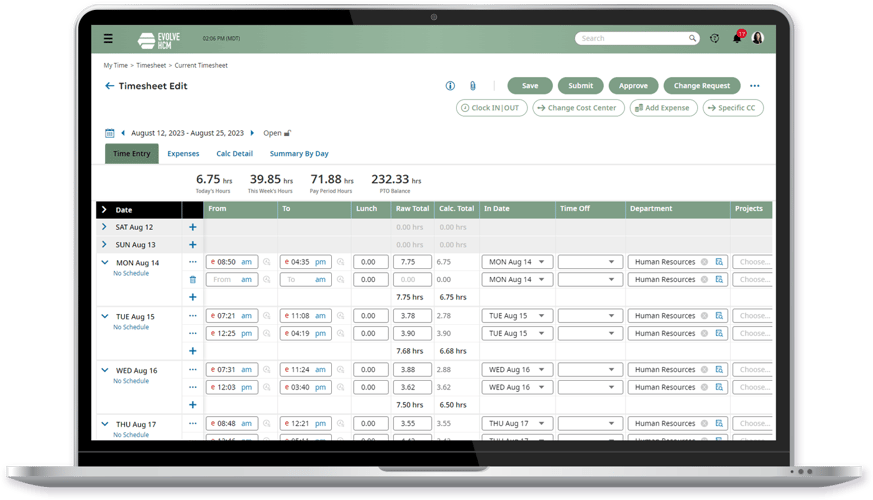 Cannabis Timekeeping Software Laptop Device Screenshot of a Change Request 